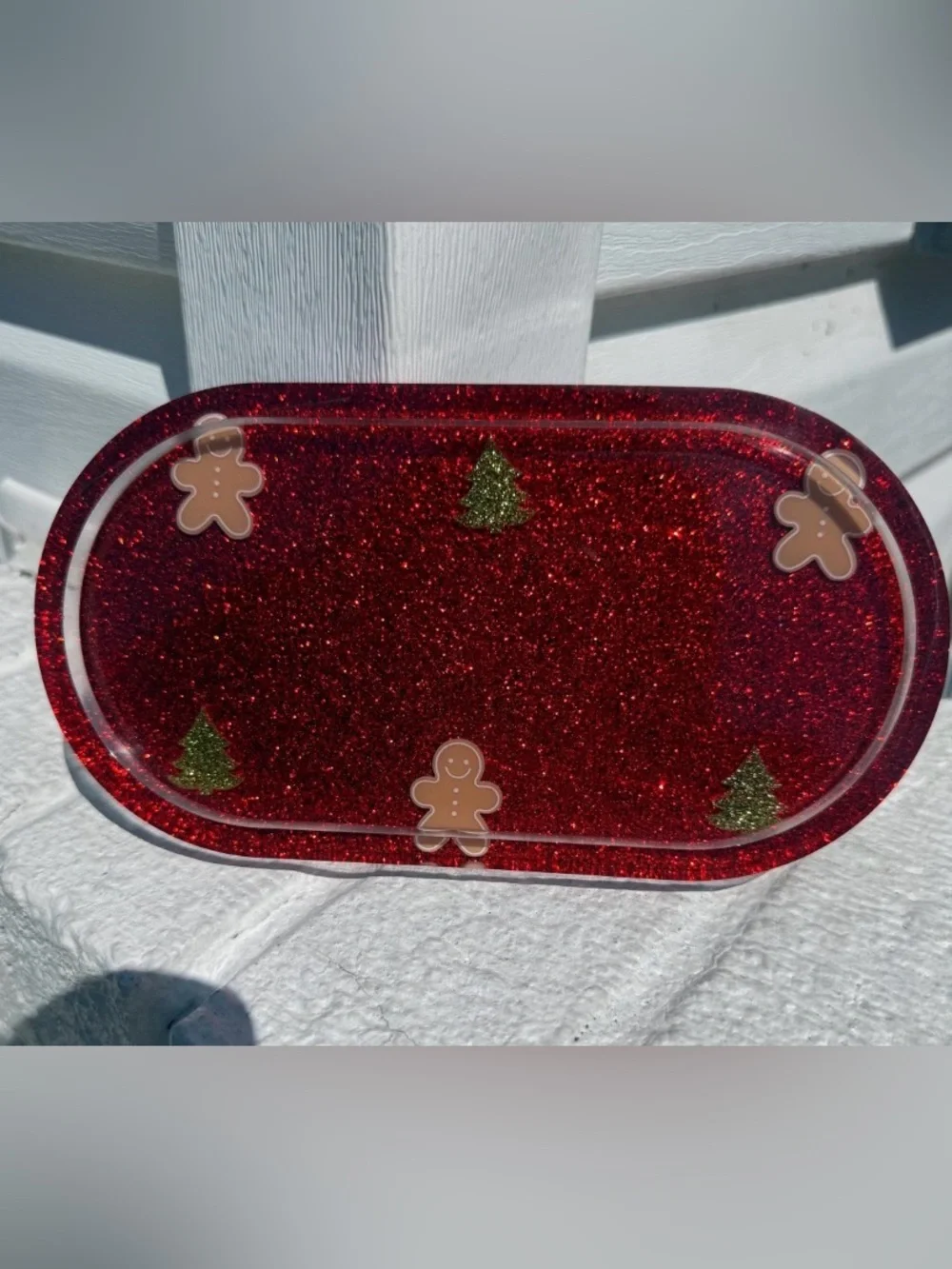 HANDMADE Festive Red Glitter Holiday trinket  Tray with Gingerbread & Tree Accen